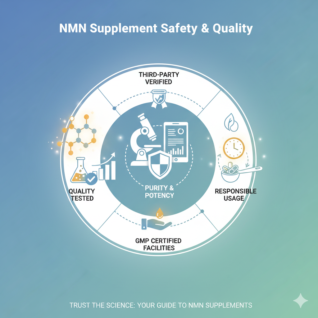 Scientific illustration representing NMN safety, quality testing, and supplement manufacturing standards