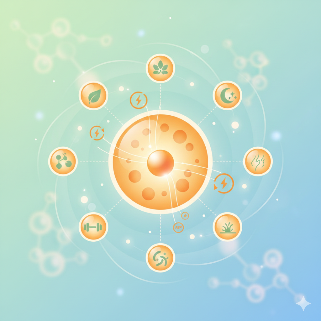 Abstract illustration representing healthy aging, cellular balance, and longevity-focused wellness lifestyle