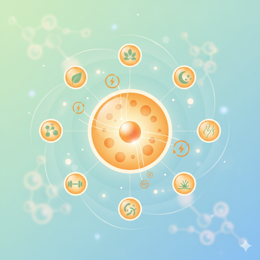 Abstract illustration representing healthy aging, cellular balance, and longevity-focused wellness lifestyle